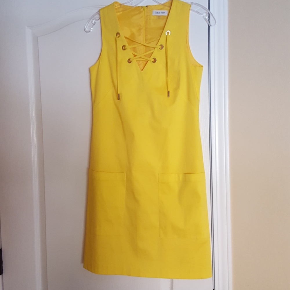 Calvin Klein Yellow Lace-Up Midi Dress